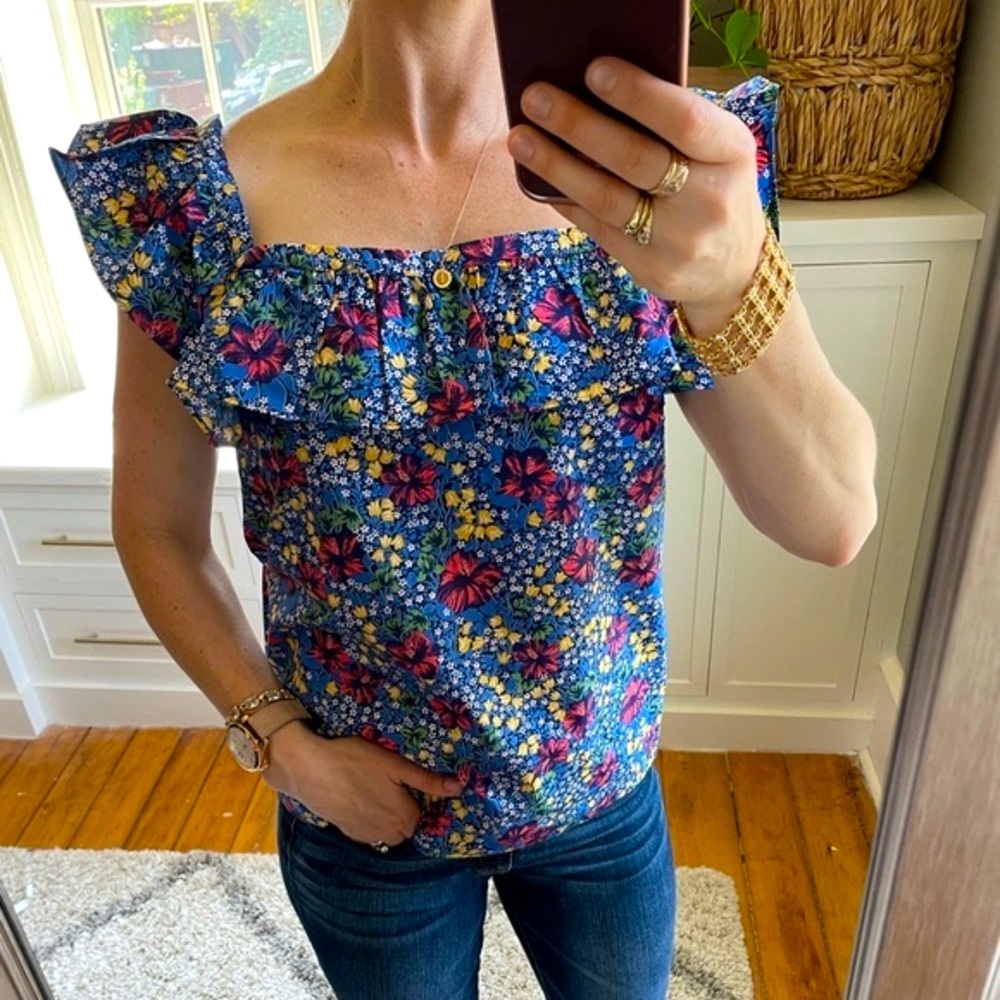 Ann Taylor floral ruffle square neck top.